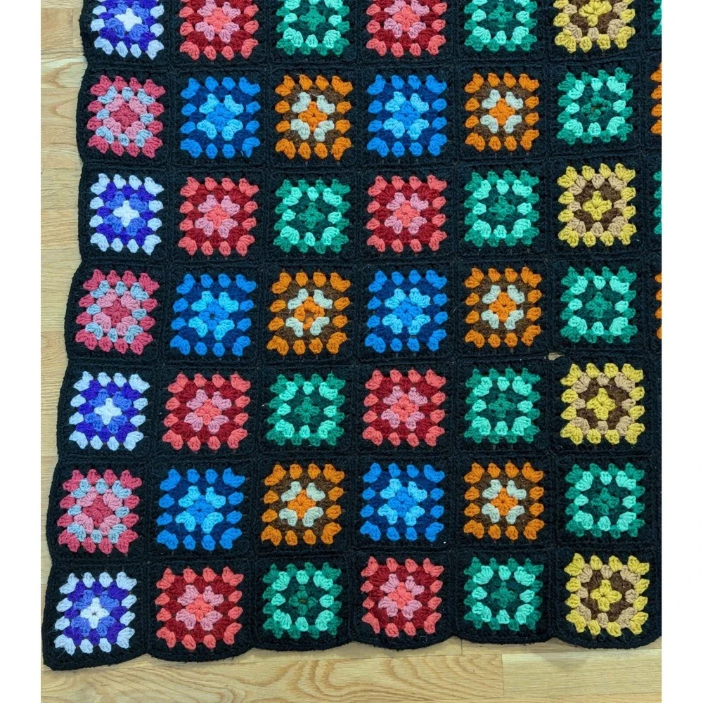 VTG Granny Square Roseanne Afghan Crochet Multicolor Blanket Throw Colorful READ